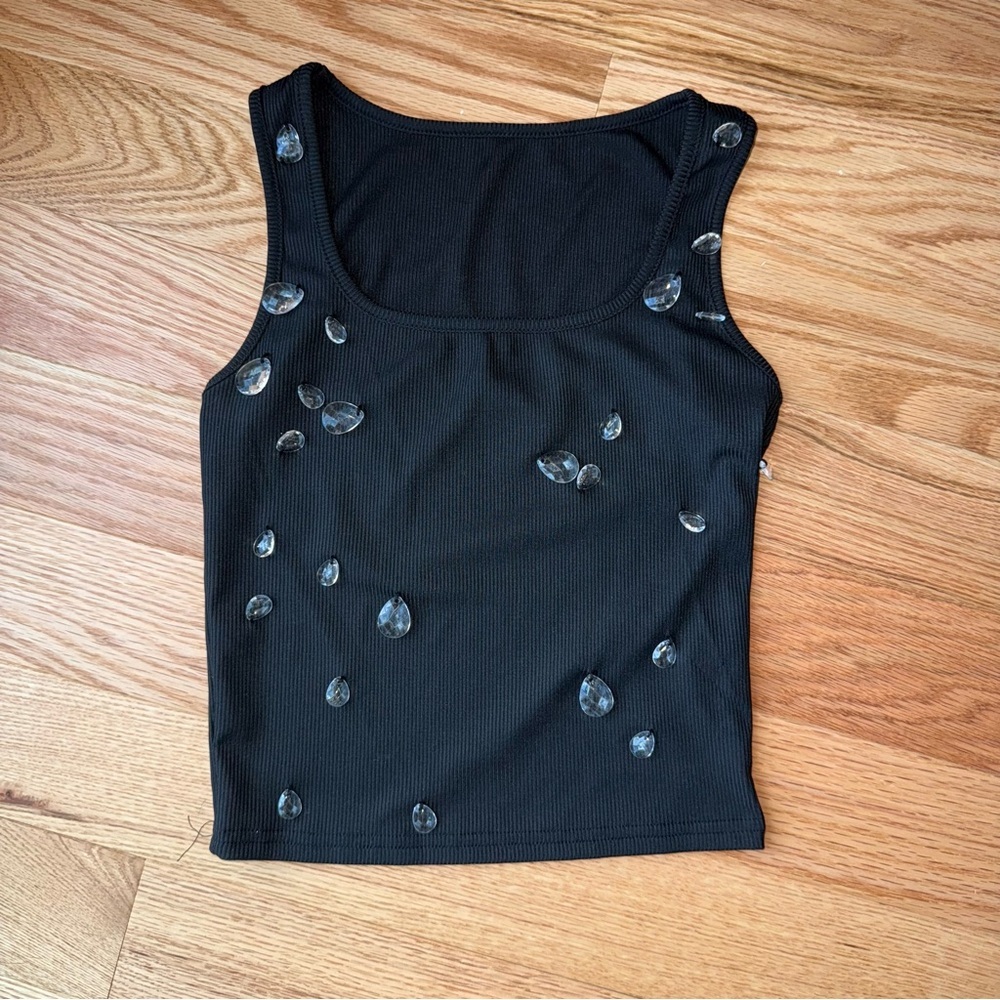 Black Ribbed Tank Top Rhinestone Embellished Y2K Party Crop Top Size S NOL